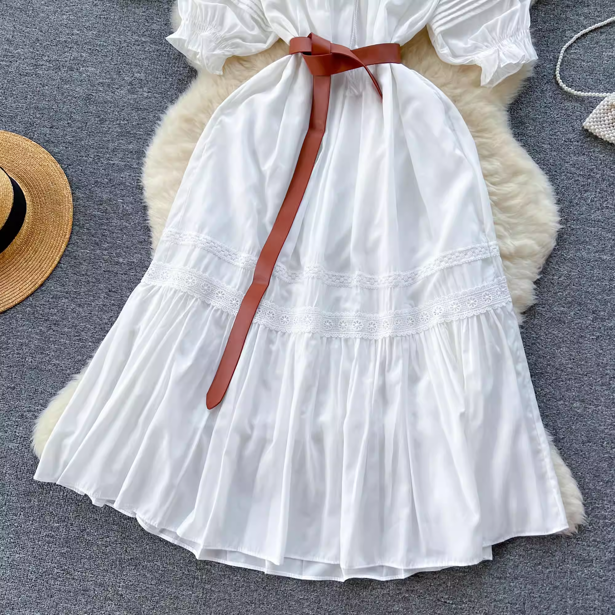 Puff sleeve hollow embroidery sweet summer dress