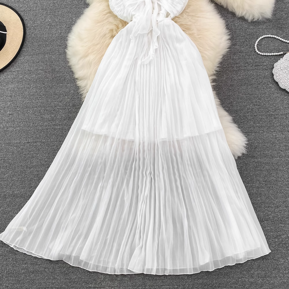 V-neck A-line pleated dress Women's summer dress