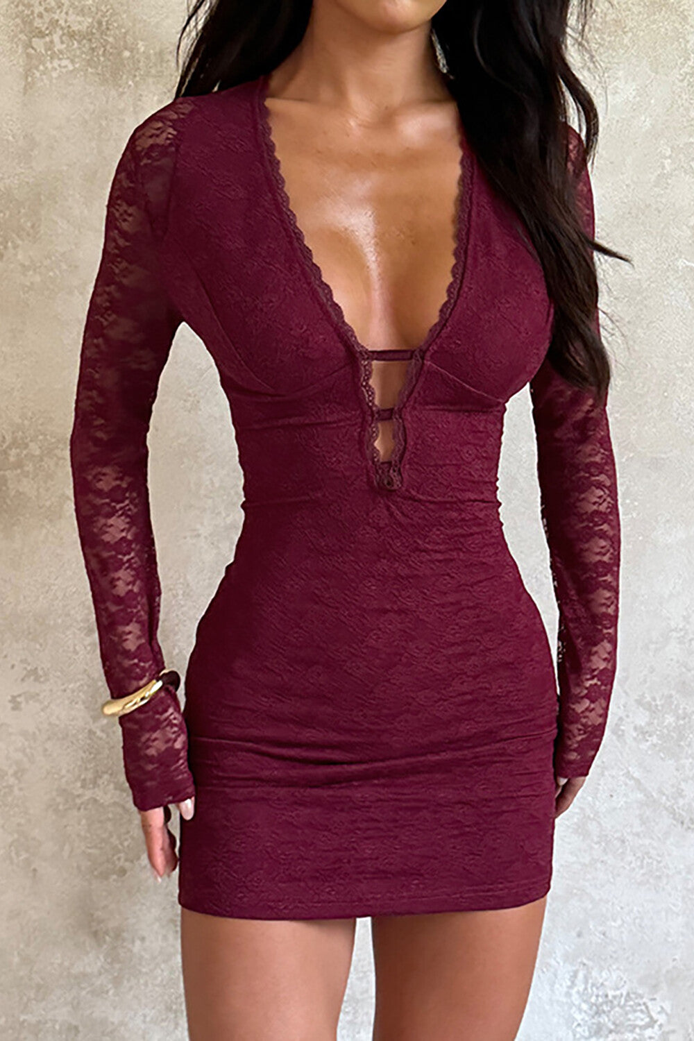Lace Patchwork Long Sleeve Deep V Neck Fitted Mini Dresses - Burgundy