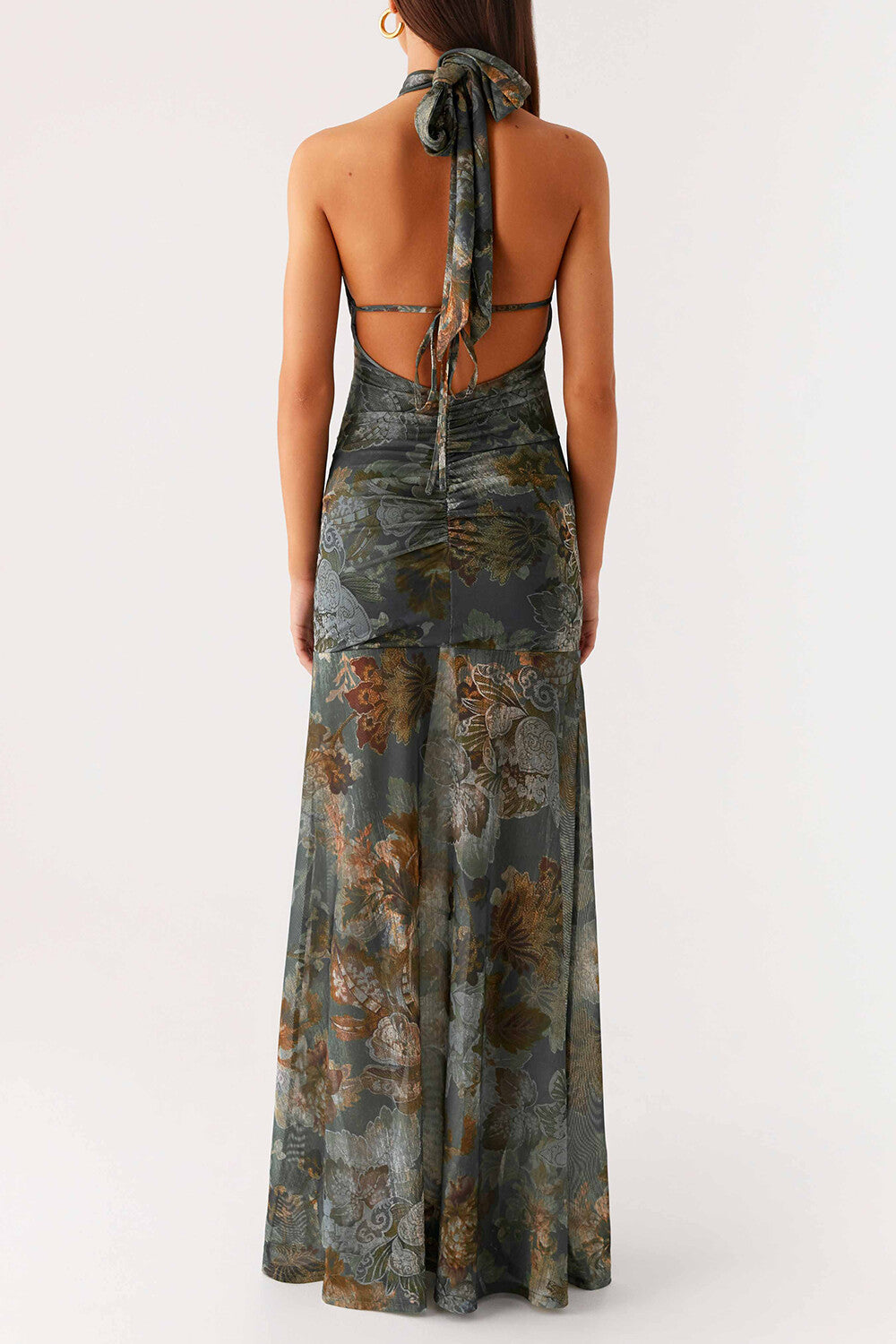 Bare Midriff Floral Pattern Slim Fit Halter Maxi Dresses - SteelBlue Pre Order