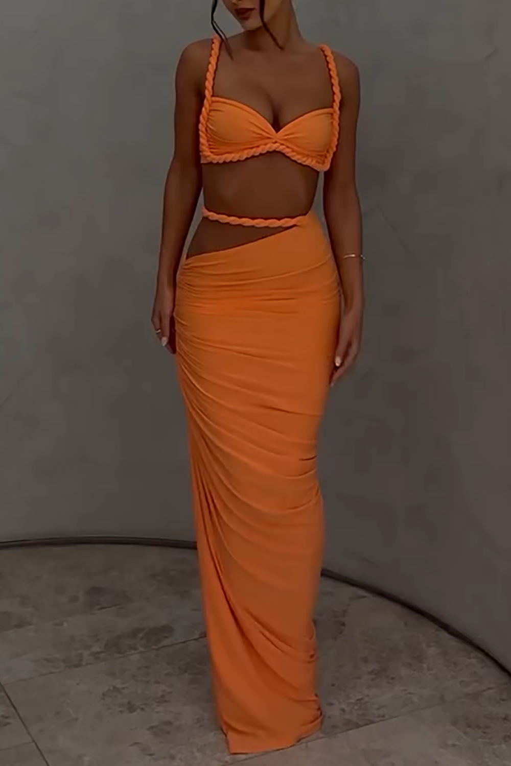 Braided Crop Cami Ruched High Slit Maxi Skirt 2pcs Set - Orange