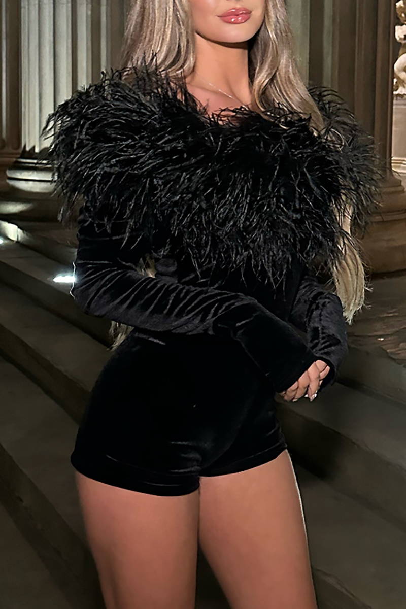 Feather Patchwork Long Sleeve Velvet Playsuit Romper - Black
