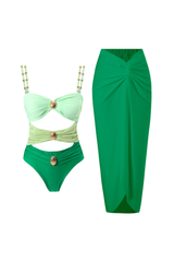 Cutout Colorblock Cami One - Piece Swimsuit Ruched Maxi Skirt 2pcs Set - Yellow