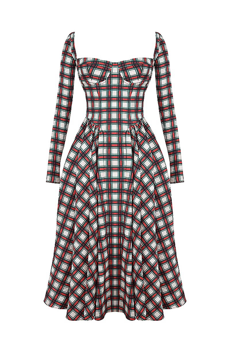Plaid Pattern Long Sleeve Corset A - Line Pleated Midi Dresses - Red