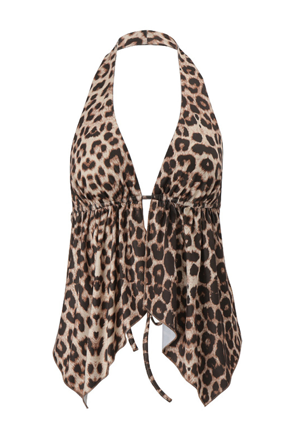 Leopard Print Halterneck Front Slit Irregular Top - Brown