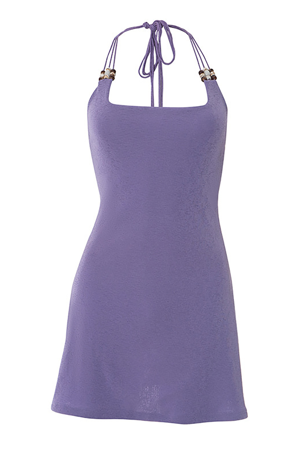 Beaded Halter Neck Solid Color Slim Fit Casual Mini Dresses - Purple