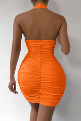 Deep Plunge Neckline Halter Ruched Bodycon Solid Color Backless Mini Dresses - White