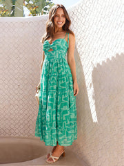 Green graphic print seaside vacation sexy hot girl suspender dress