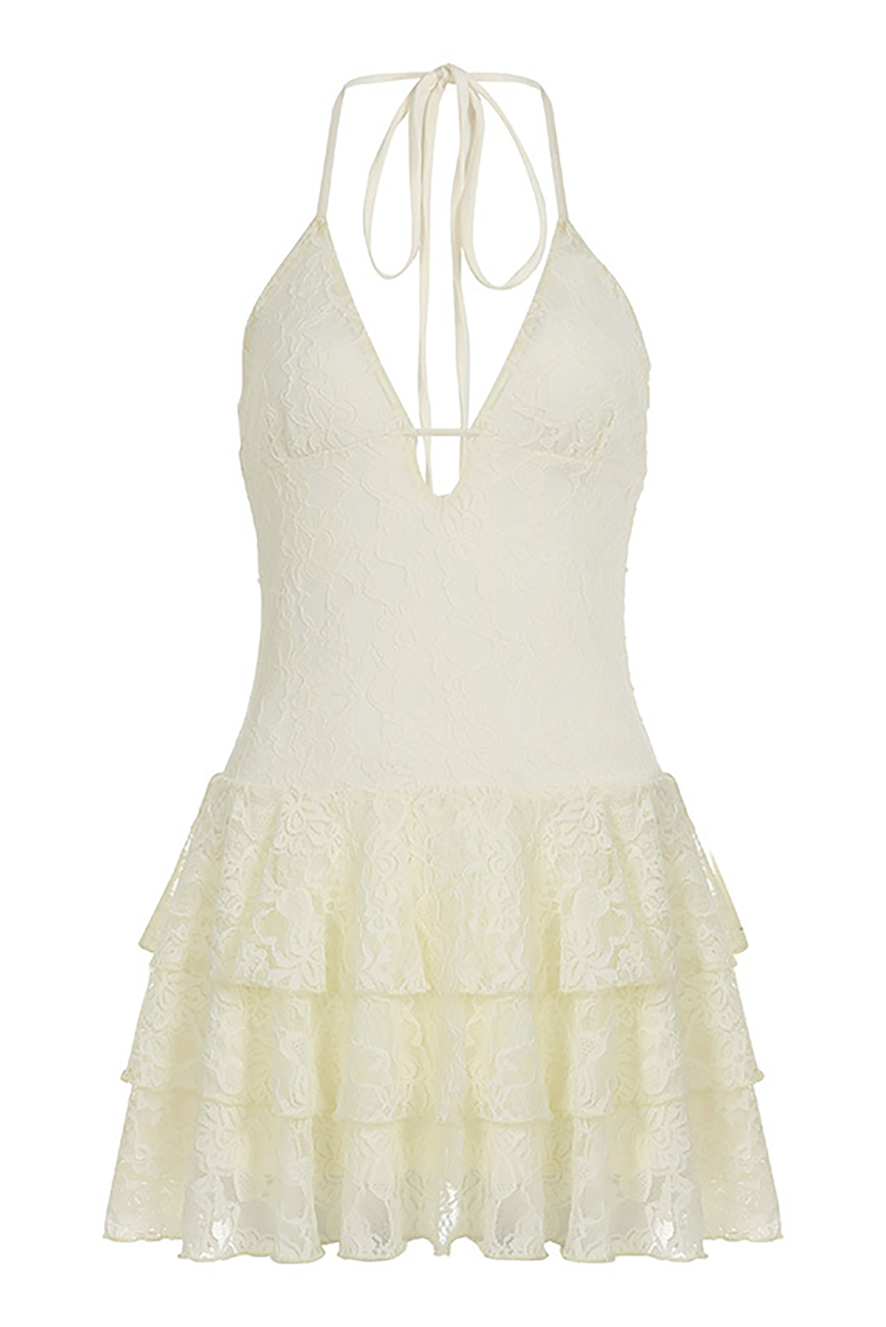 Plunge Neck Cutout Cinch Waist Layered Ruffled Hem Halter Mini Dresses - Beige