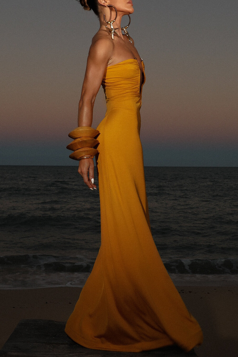 Plunge Neck Ruched Strapless Solid Color Maxi Dresses - Yellow Pre Order