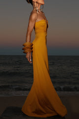 Plunge Neck Ruched Strapless Solid Color Maxi Dresses - Yellow Pre Order