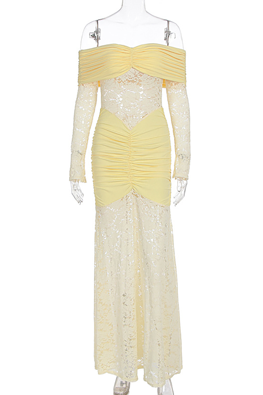 Jacquard Lace Patchwork Off Shoulder Long Sleeve Ruched Maxi Dresses - Yellow