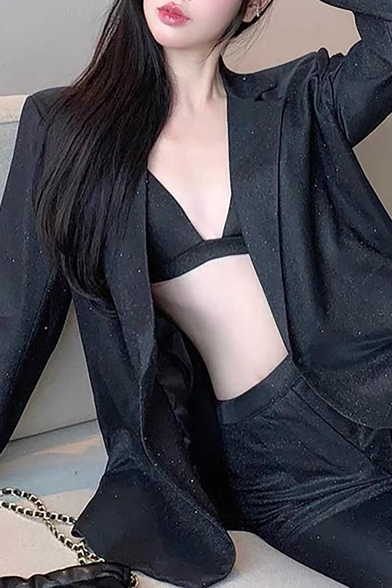 Sequin Notch Lapel Blazer Cami Bra Straight Leg Pants Matching Set - Silver