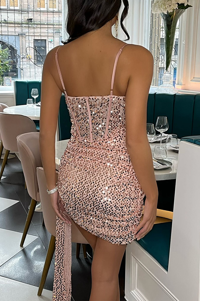 Sequin Cami Corset Side Streamer Cocktail Party Mini Dresses - Pink