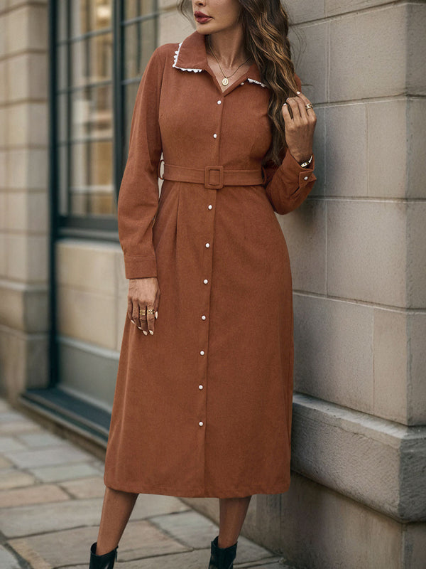 Lapel stitching lace long-sleeved shirt corduroy dress