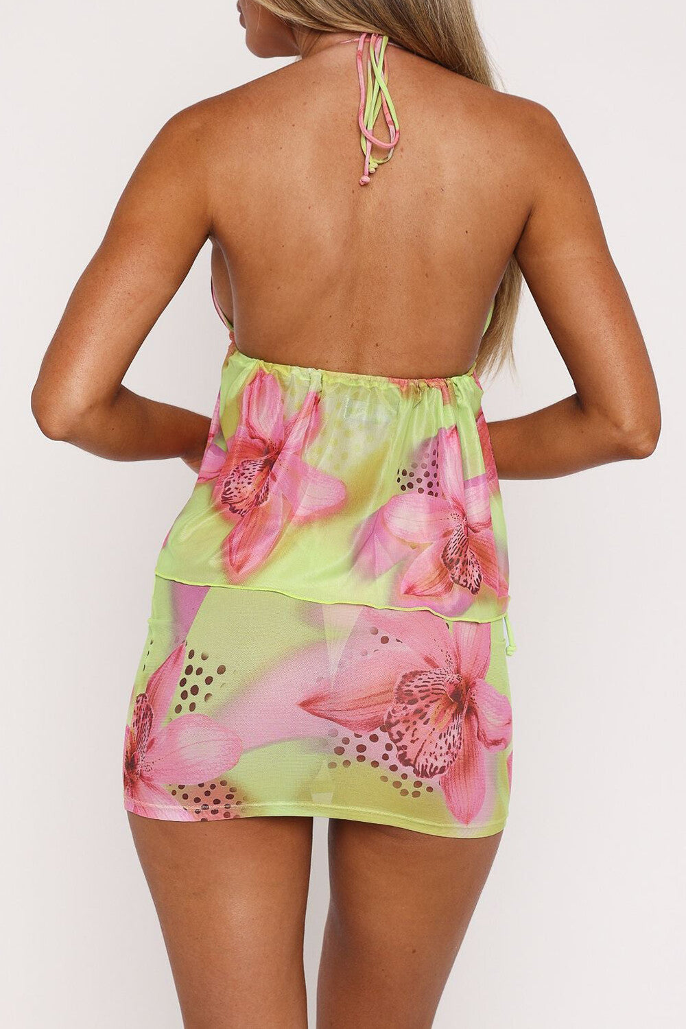 Floral Print Tie Up Halter Top Bodycon Mini Skirt 2pcs Set - Yellow
