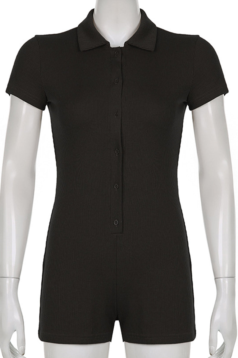 Turndown Collar Button Short Sleeve Textured Plain Romper Playsuits
