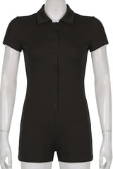 Turndown Collar Button Short Sleeve Textured Plain Romper Playsuits
