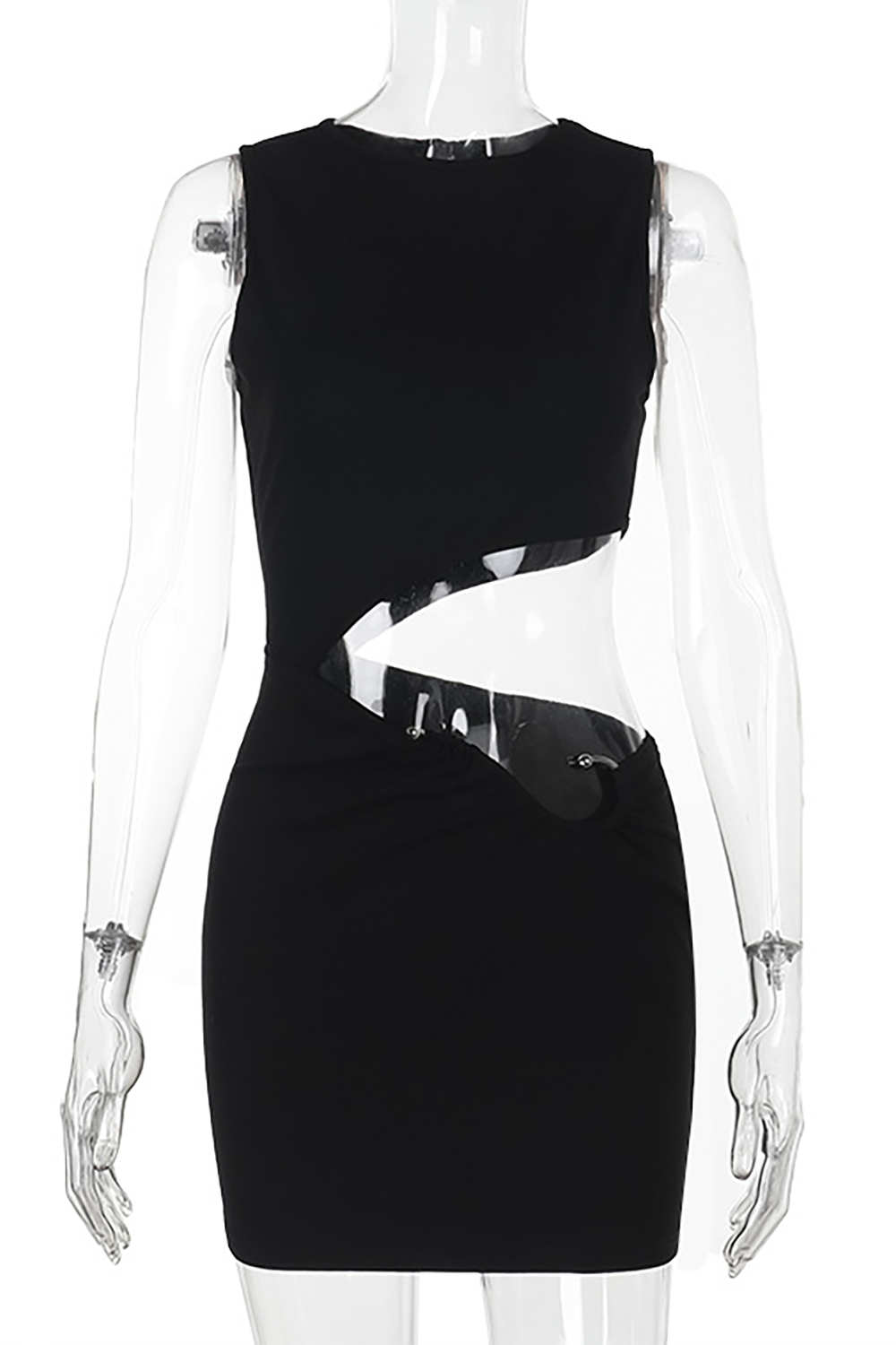 Round Neck Sleeveless Cutout Bodycon Mini Dresses - Black