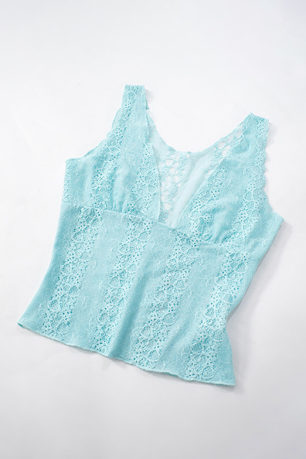 Deep V Neck Jacquard Lace Crop Tank Top - Blue