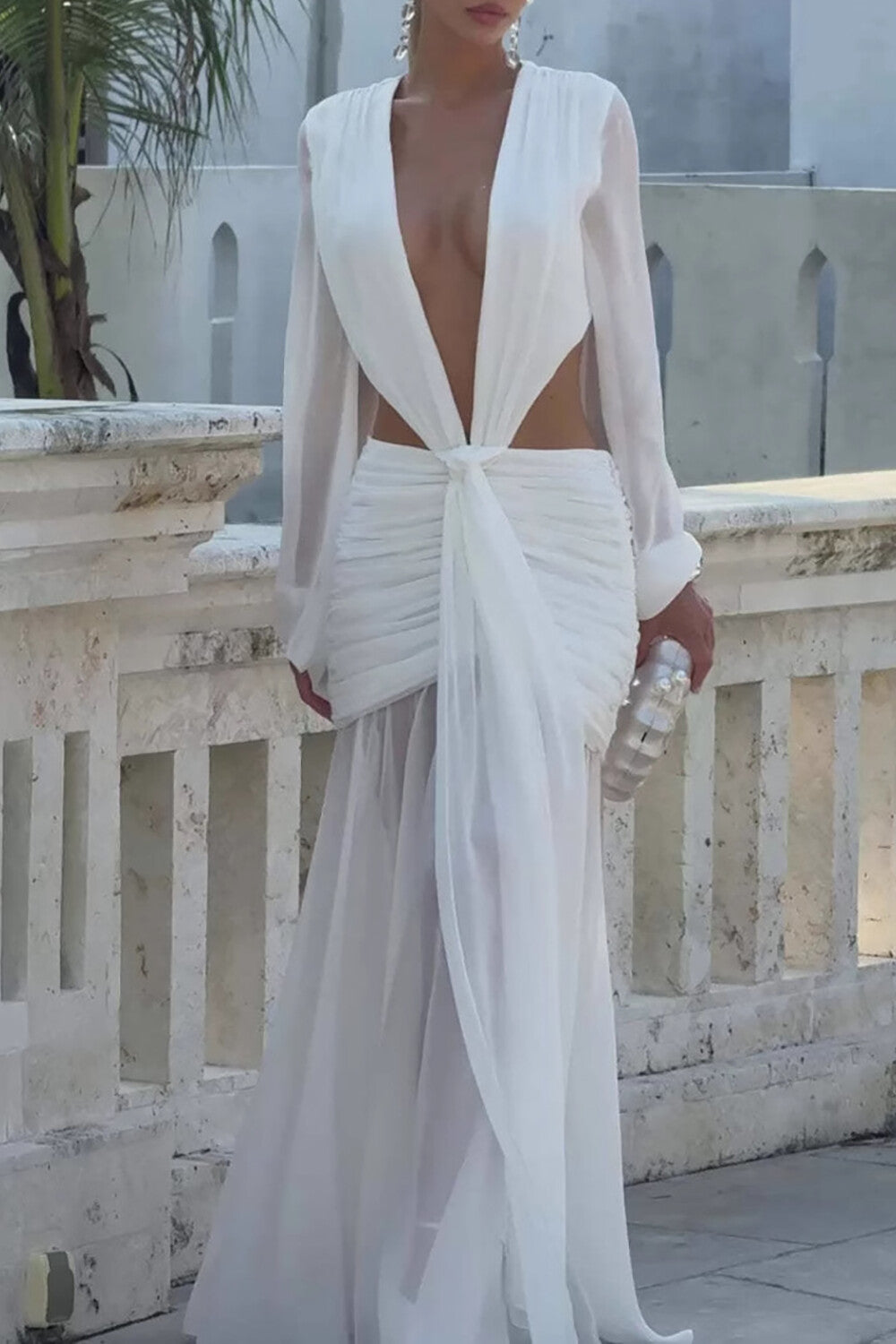 Deep V Neck Lantern Sleeve Cutout Ruched See Through Maxi Dresses - Yellow