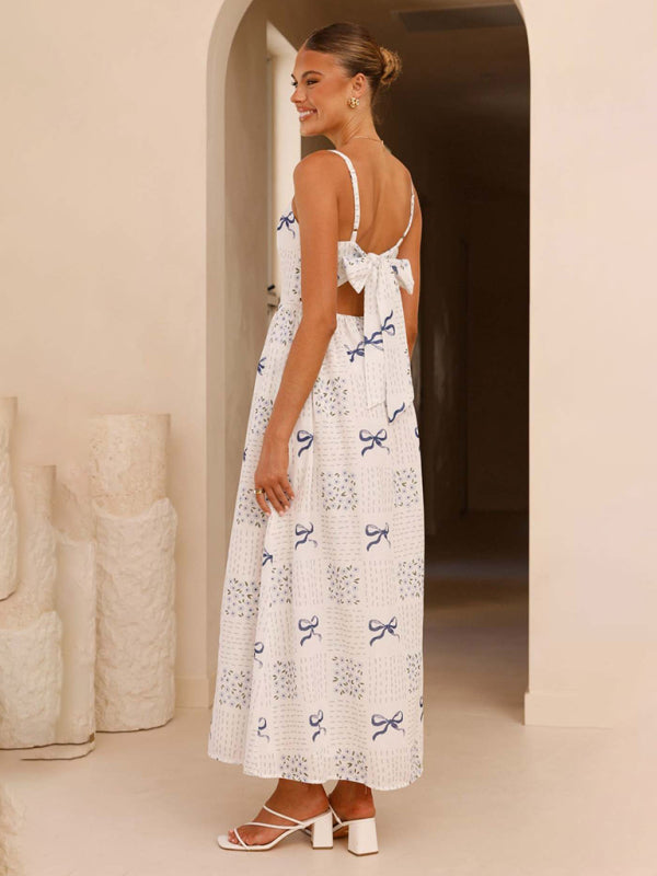 V-neck waist holiday backless bow print dress