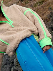 Sudadera de felpa de manga larga con media cremallera y cordón en contraste