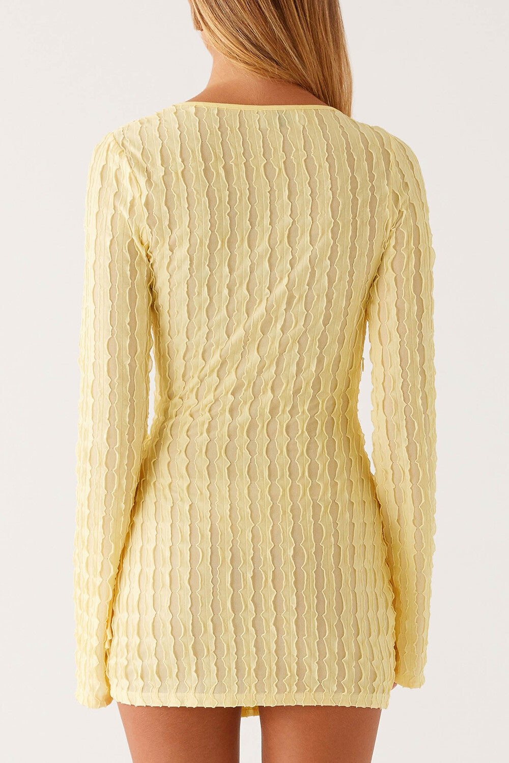 Round Neck Long Sleeve Cutout Tie Up Textured Mini Dresses - Yellow