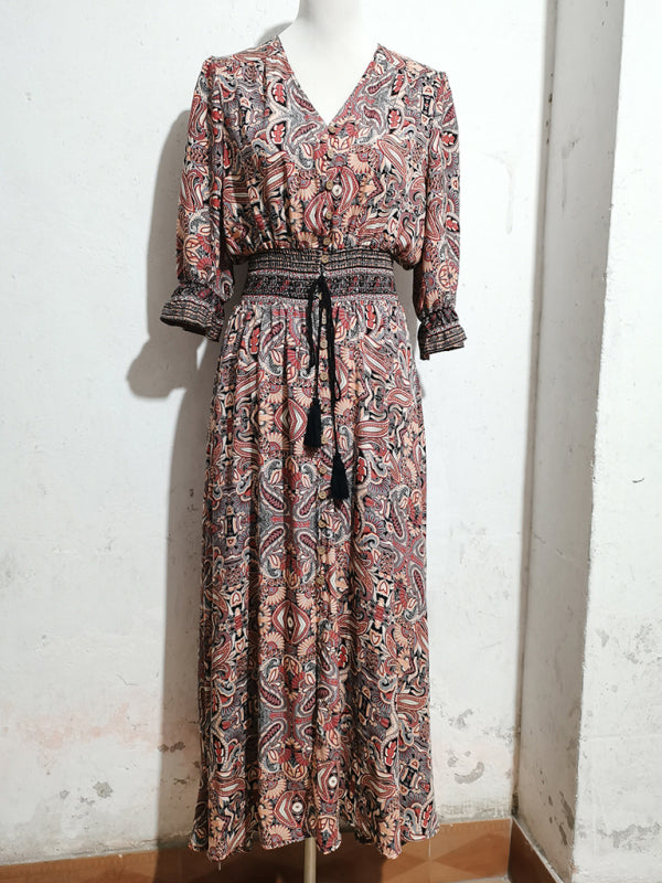 Three-quarter sleeve waisted Bohemian casual holiday beach dress