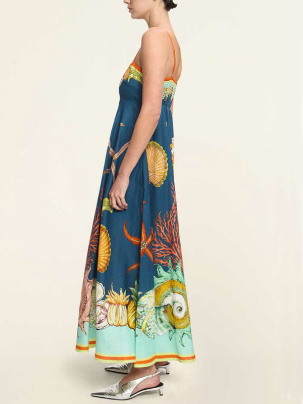 holiday swing graffiti cotton and linen sleeveless suspender dress
