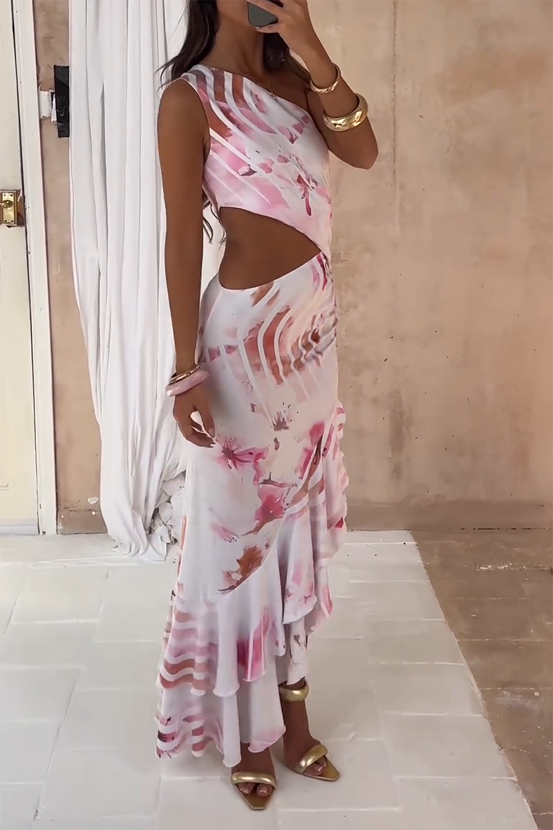 Floral Print Skew Neck Cutout Ruffled Irregular Maxi Dresses - White