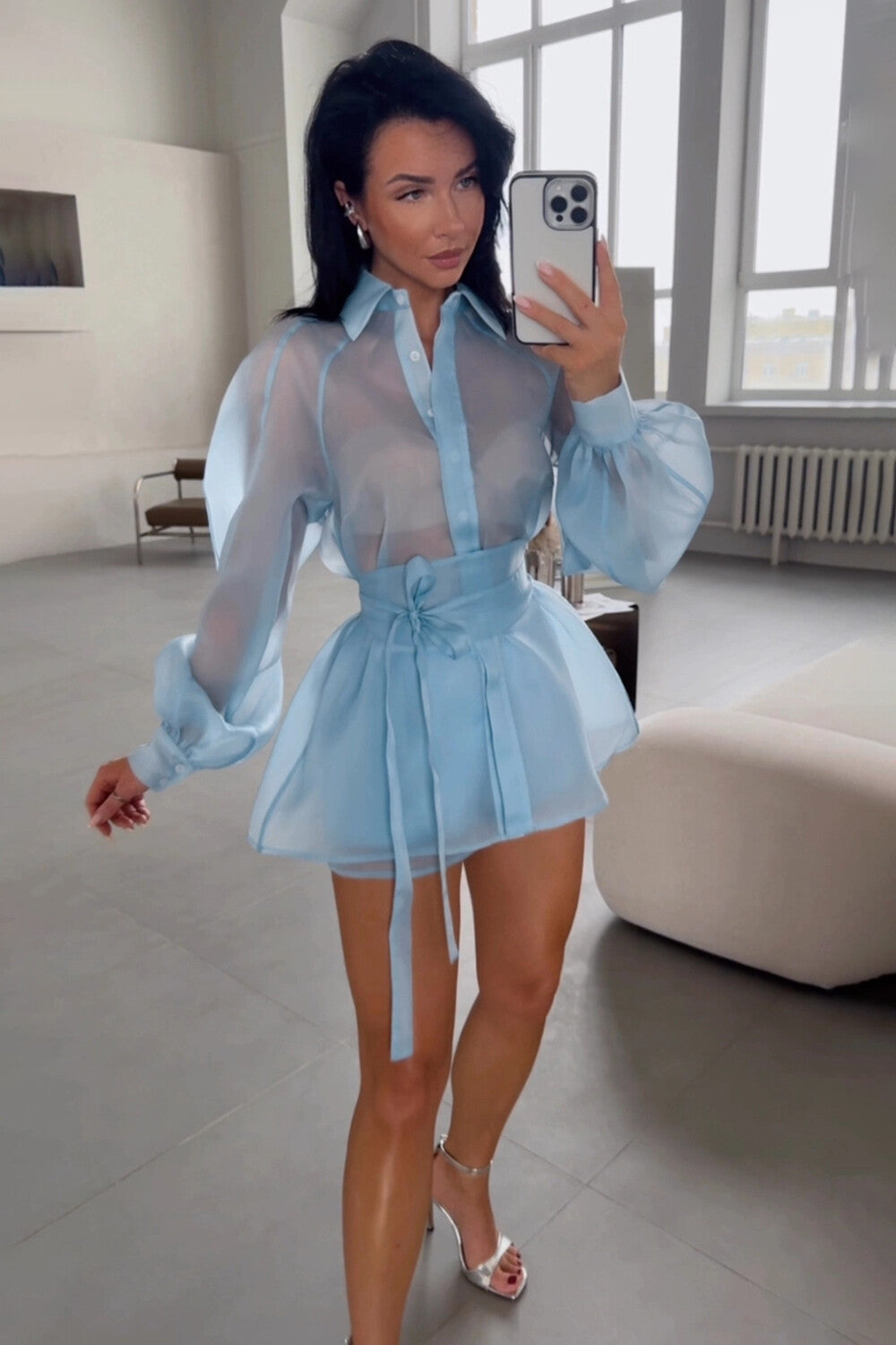 Lantern Sleeve See Through Tie Up Blouse Shorts Matching Set - Blue