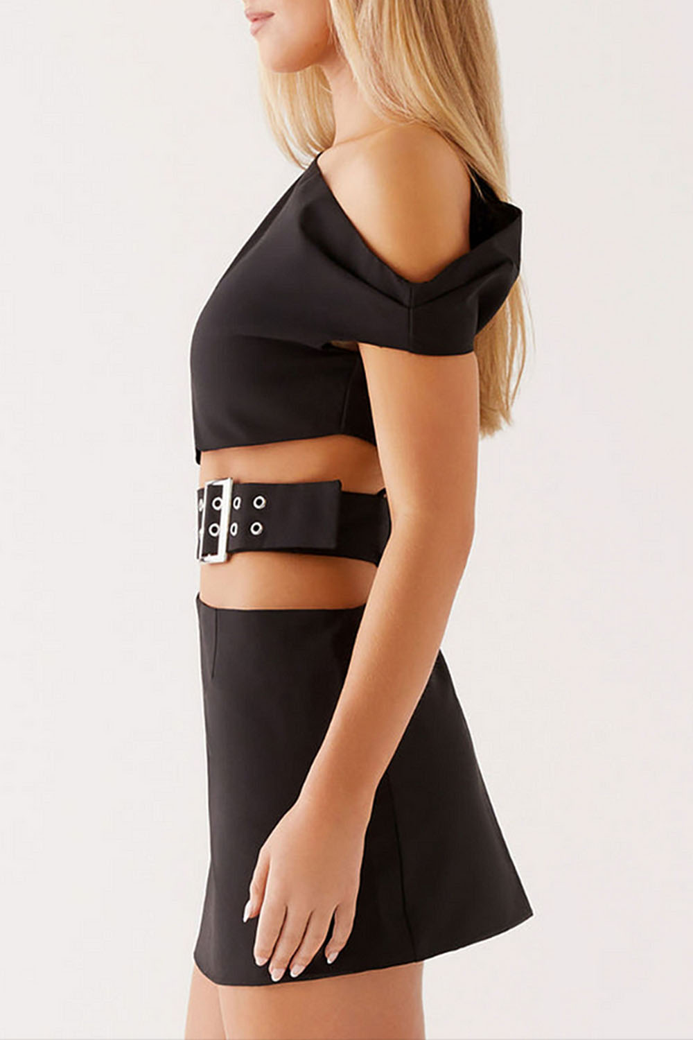 Asymmetrical Neckline Cutout Buckle Belted Mini Dresses - Black