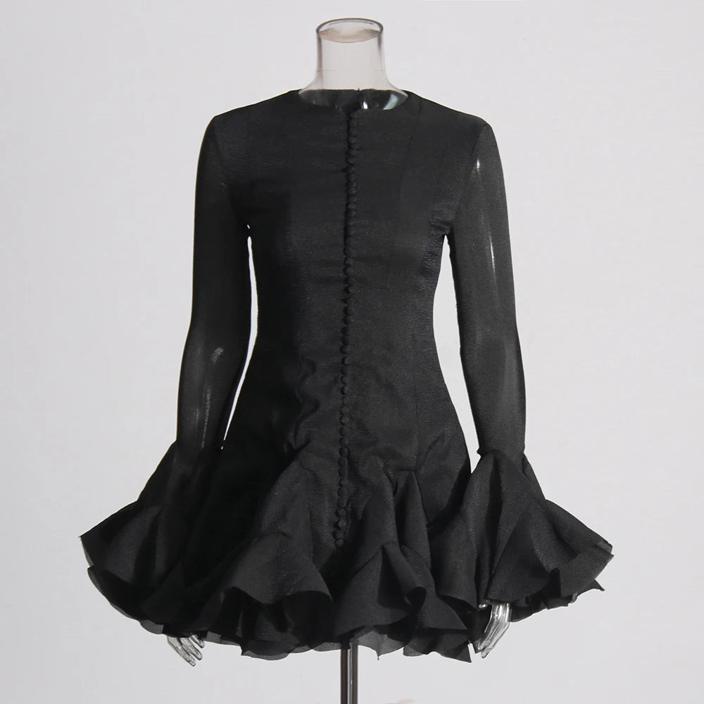 Lotus leaf edge splicing hem short dress women's single breasted lotus leaf sleeve skirt