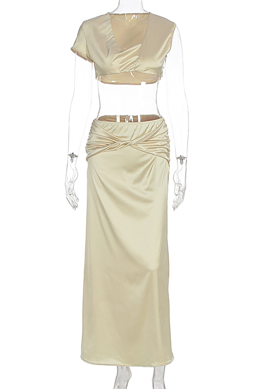 Cowl Neckline Crop Top Solid Color Twisted Maxi Skirt Set - LightYellow