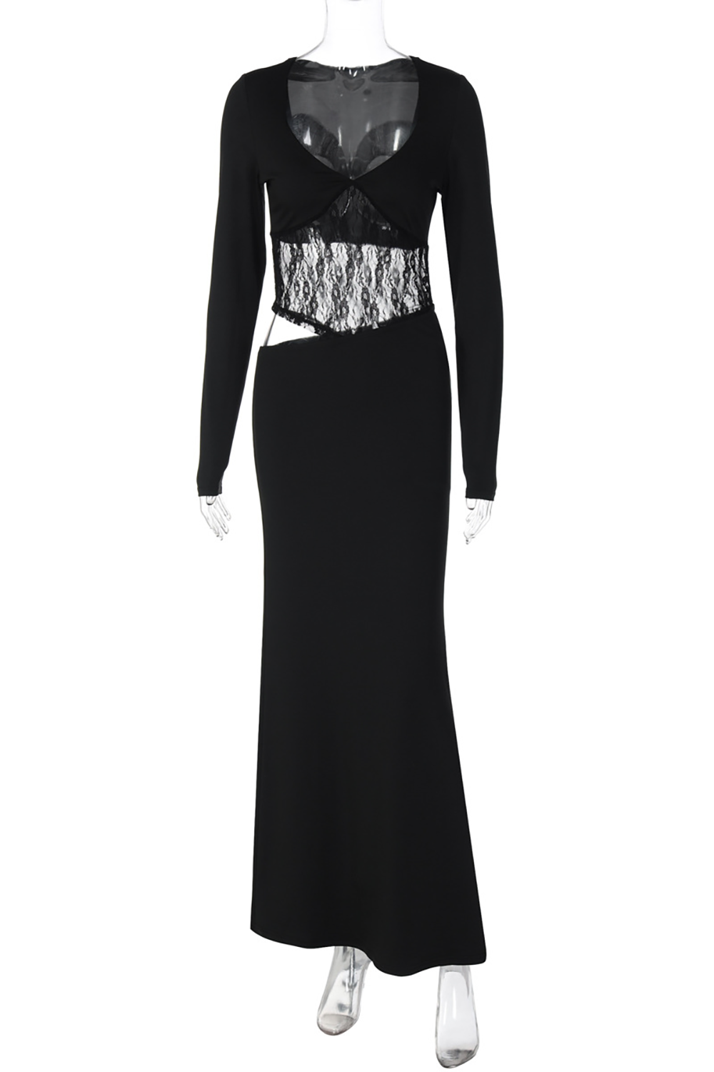 V Neck Long Sleeve Lace Patchwork Cutout Slim Fit Maxi Dresses - Black