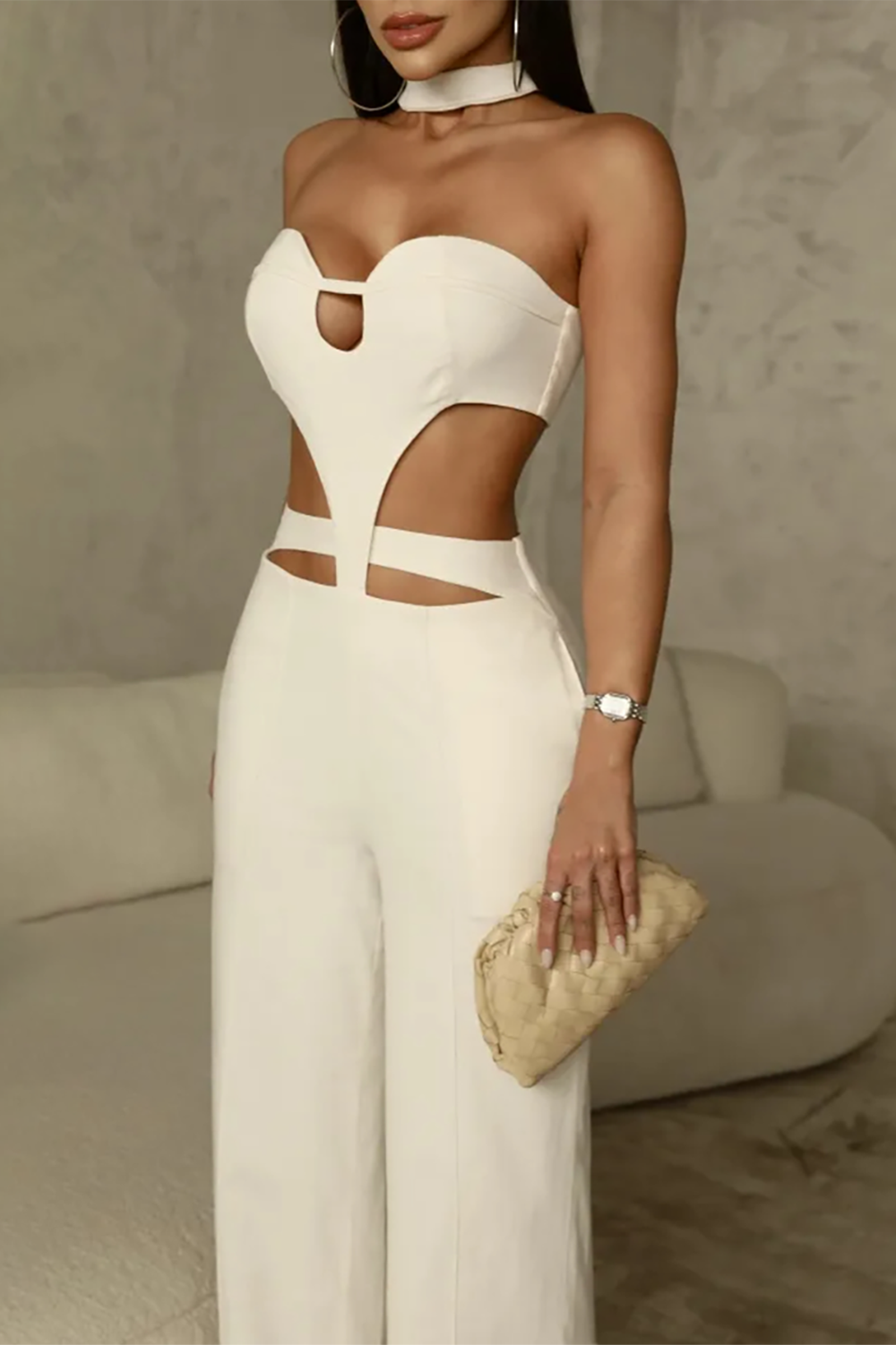 Sleeveless Halter Neck Cutout Wide Leg Irregular Jumpsuit - Ivory