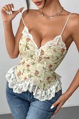 Lace Patchwork Floral Jacquard Cinch Waist Cami - Yellow