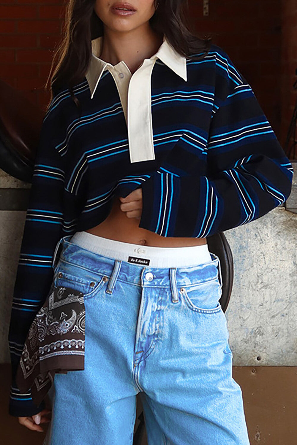 Striped Print Turndown Collar Long Sleeve Crop Polo Shirt - Blue