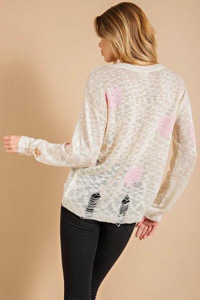 America Heart Pattern Distressed Sweater