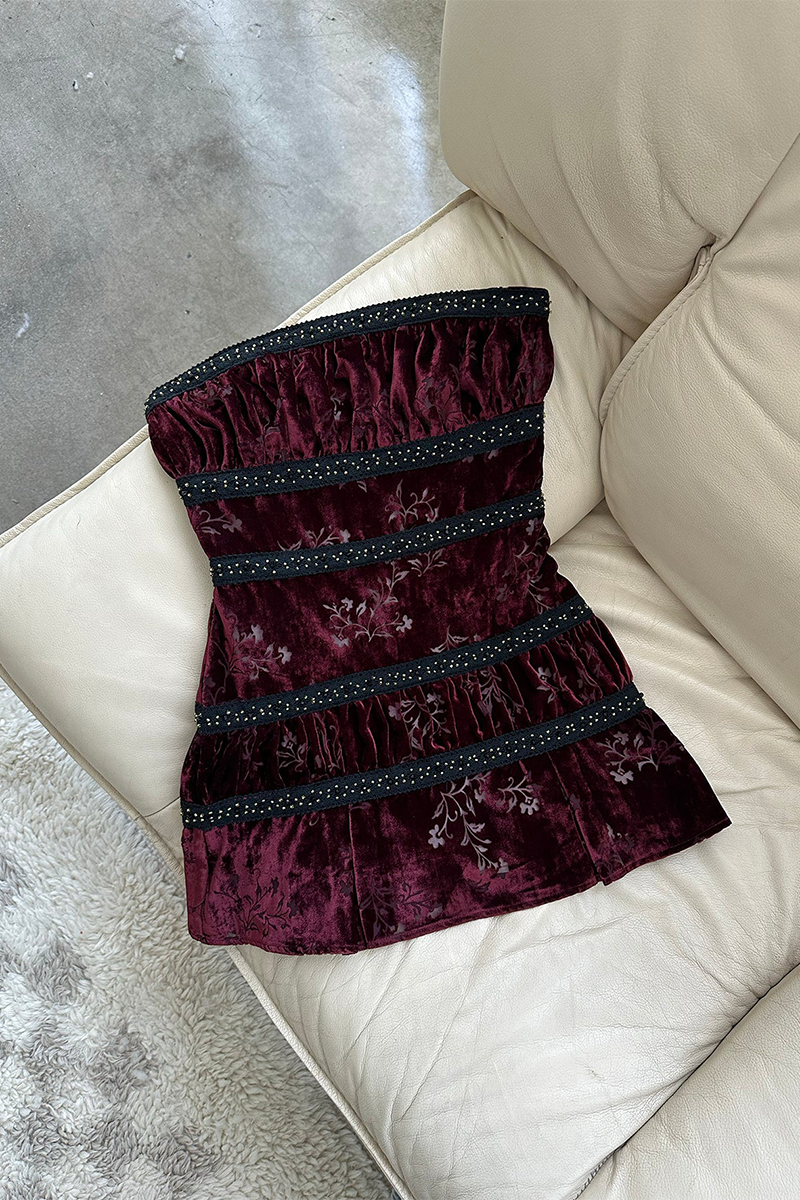 Floral Pattern Boat Neck Slim Fit Velvet Mini Tube Dresses - Burgundy