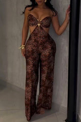 Strapless Cutout Open Back Leopard Print Wide Leg Jumpsuit - Brown