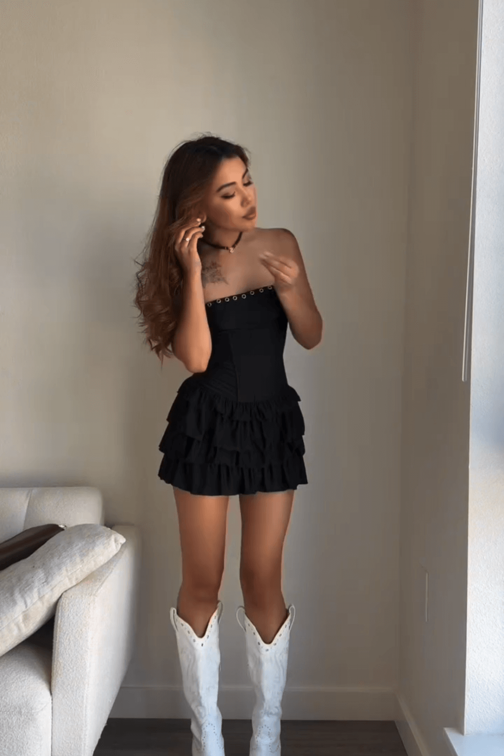 Strapless Corset Tiered Ruffled Hem Mini Dresses - Black