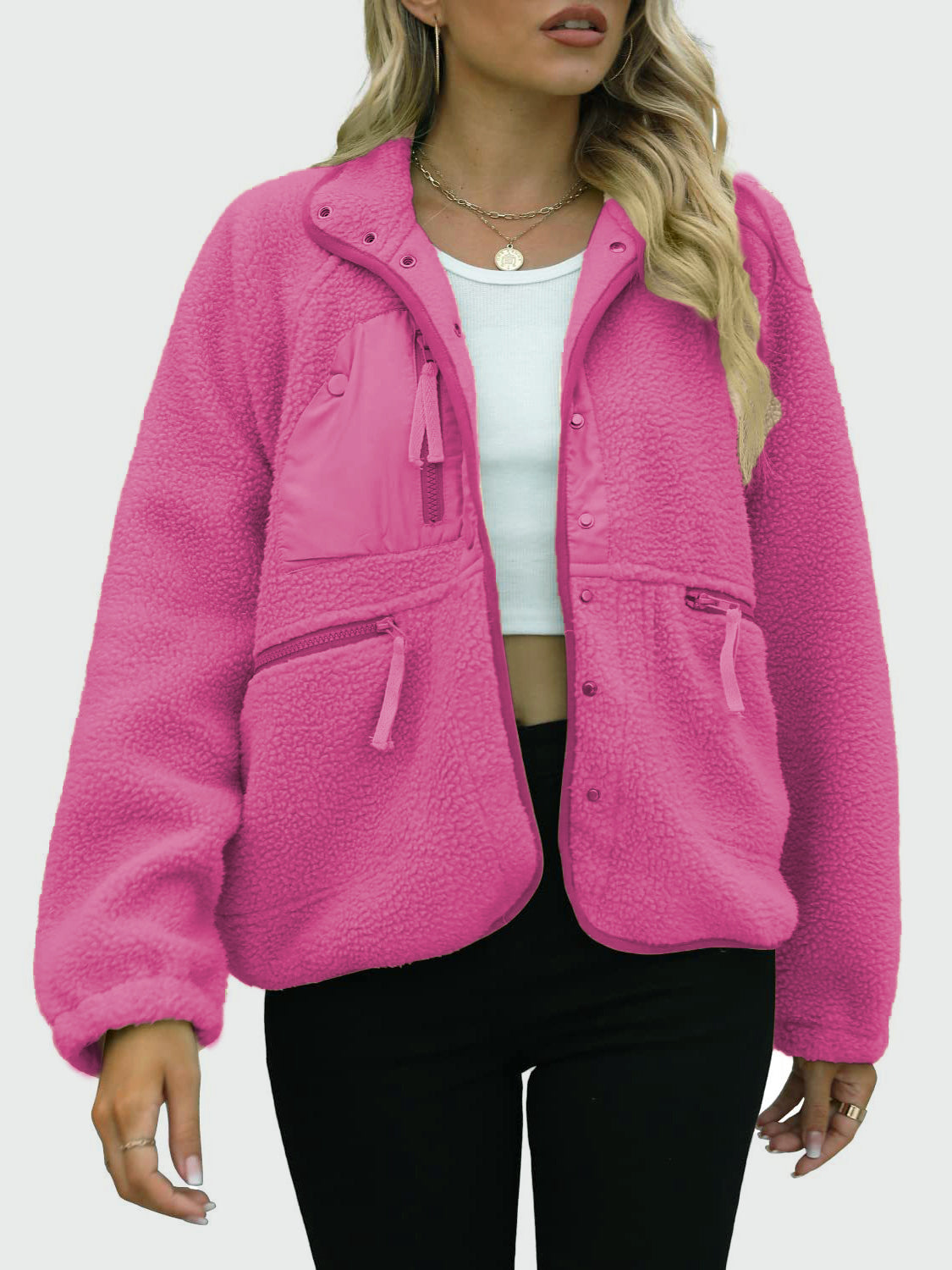 Sherpa-Jacke mit Druckknöpfen und Taschen