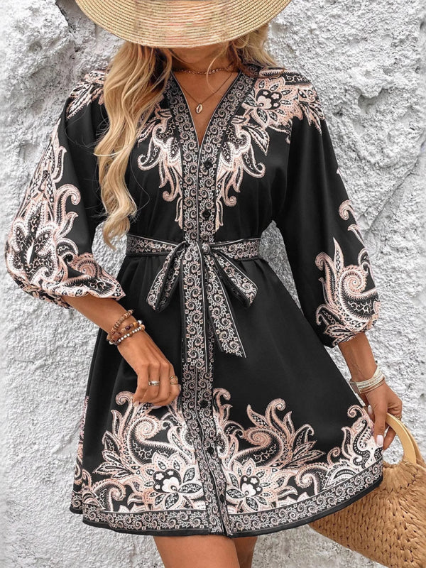Printed V-Neck Three-Quarter Sleeve Tie-Waist Dress
