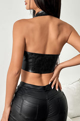 Front Lace Up Deep V Neck PU Leather Halter Crop Top - Brown