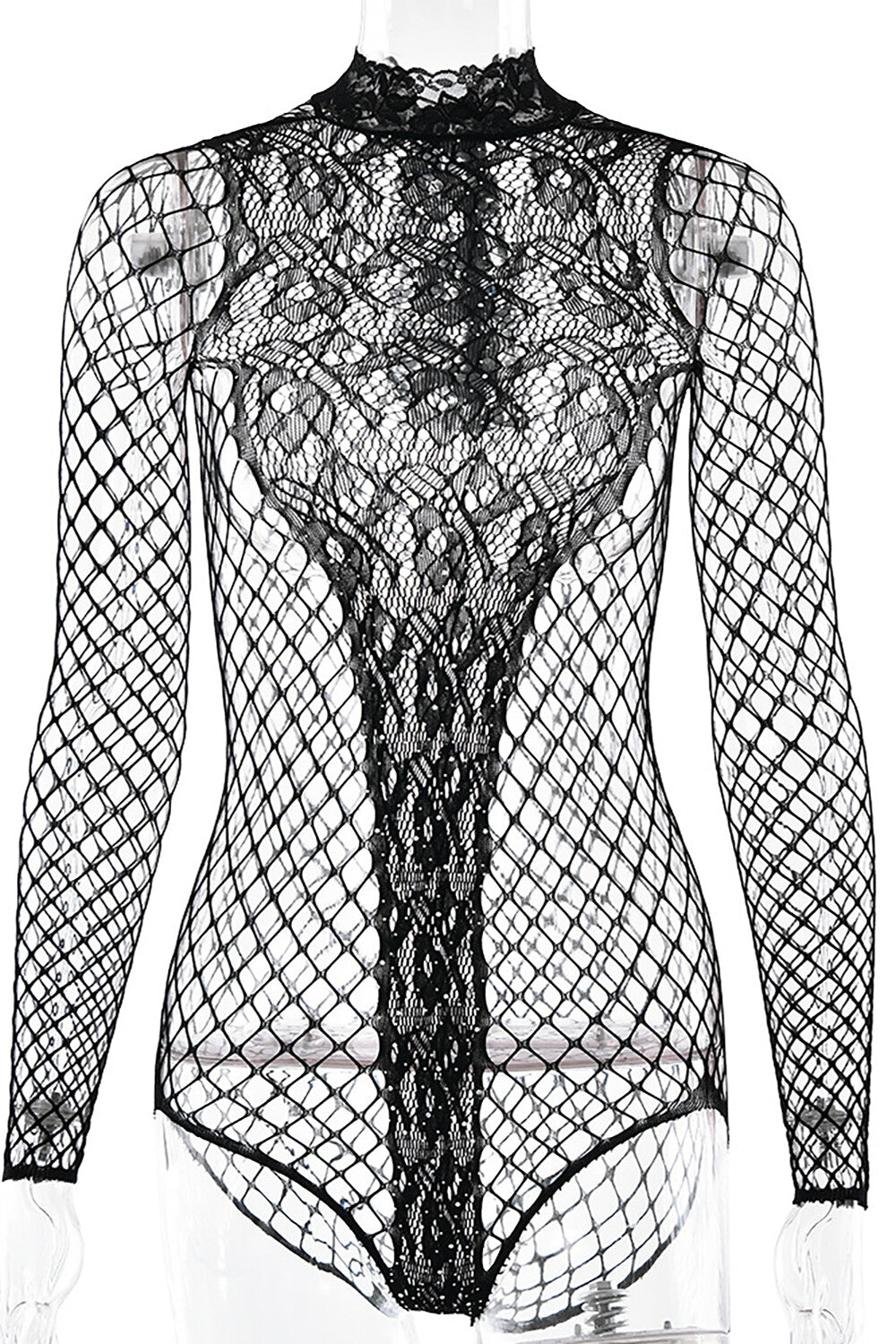 Jacquard Stand Collar Long Sleeve Fishnet Party Bodysuit - Burgundy