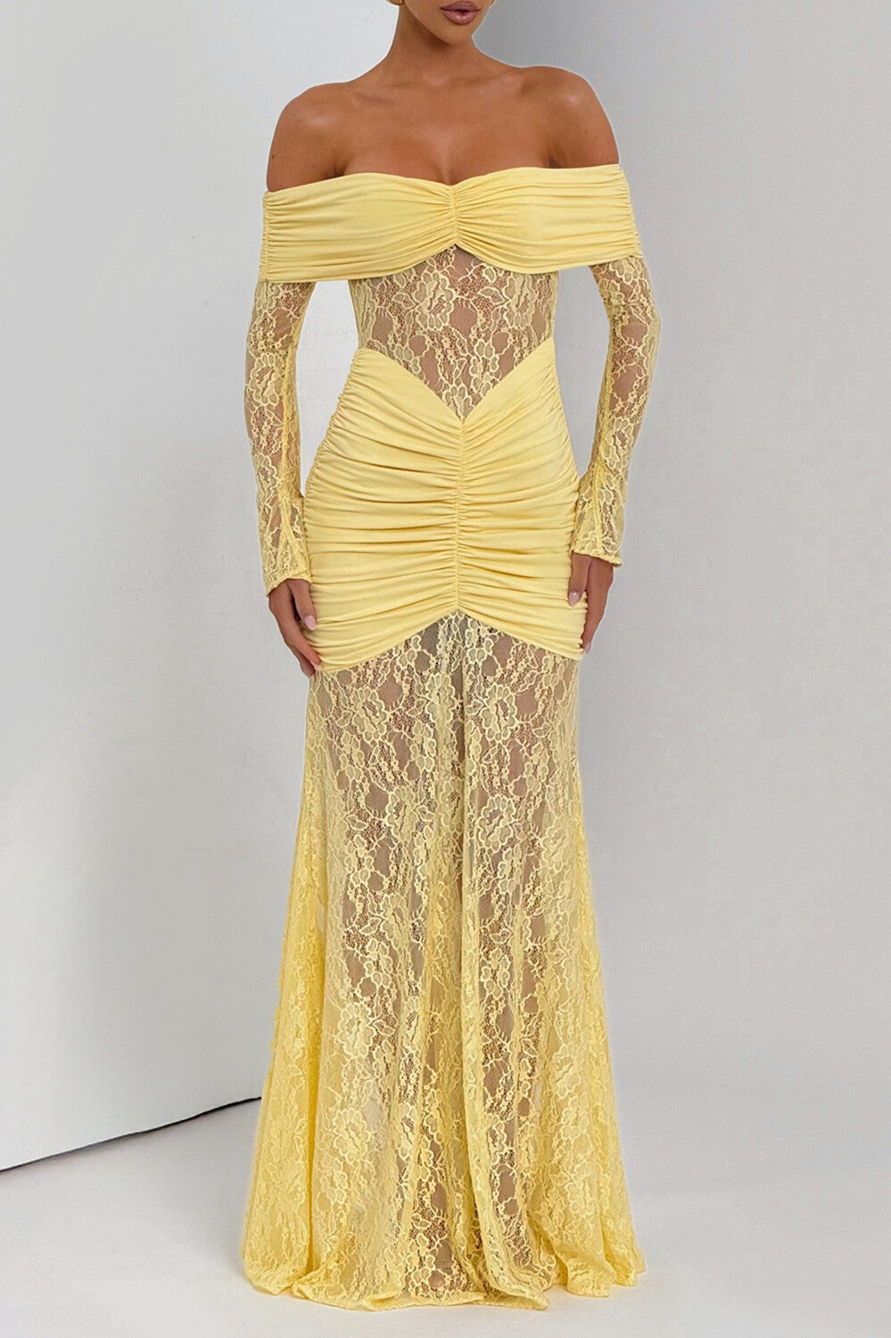 Jacquard Lace Patchwork Off Shoulder Long Sleeve Ruched Maxi Dresses - Yellow