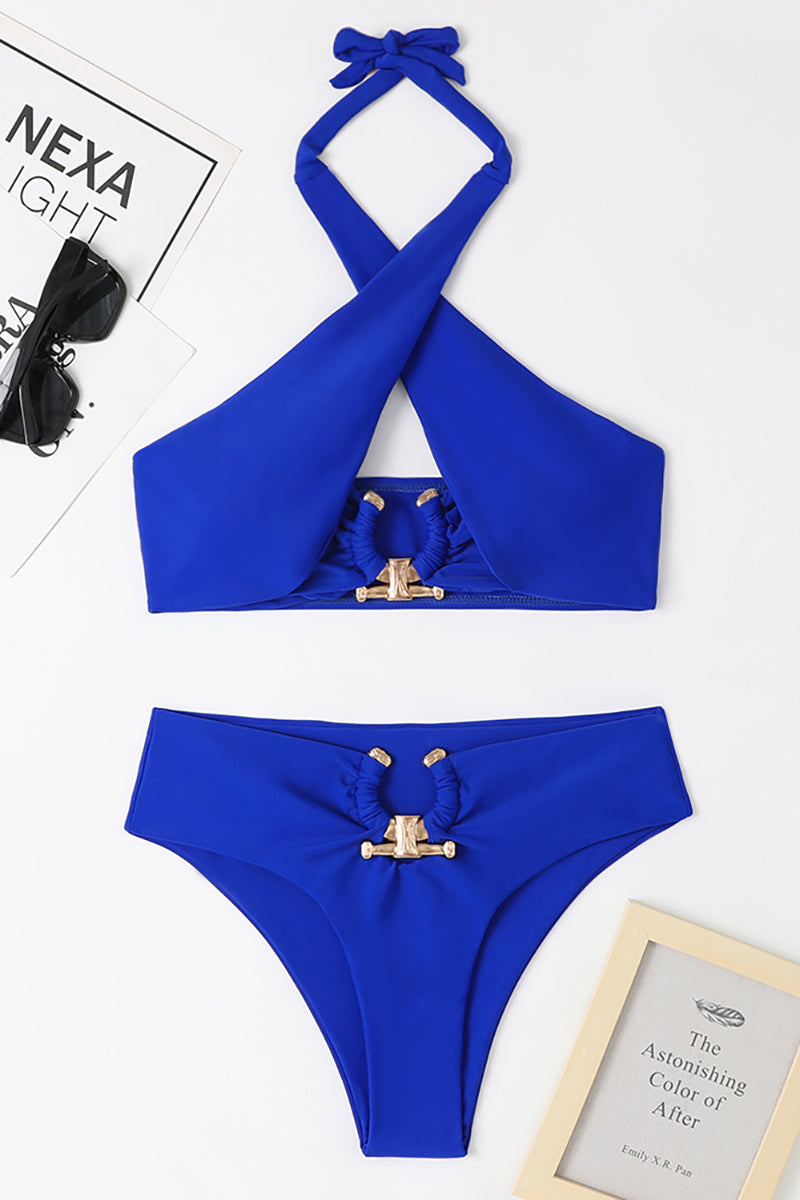 Crossover Cut Out Halter Neck Metal Decor High Waist Bikini Two - Piece Set Swimsuit