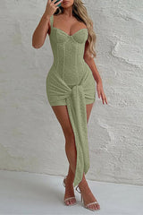 Corset Design Ruched Tie Up Streamer Bodycon Lace Slip Mini Dresses - Pink